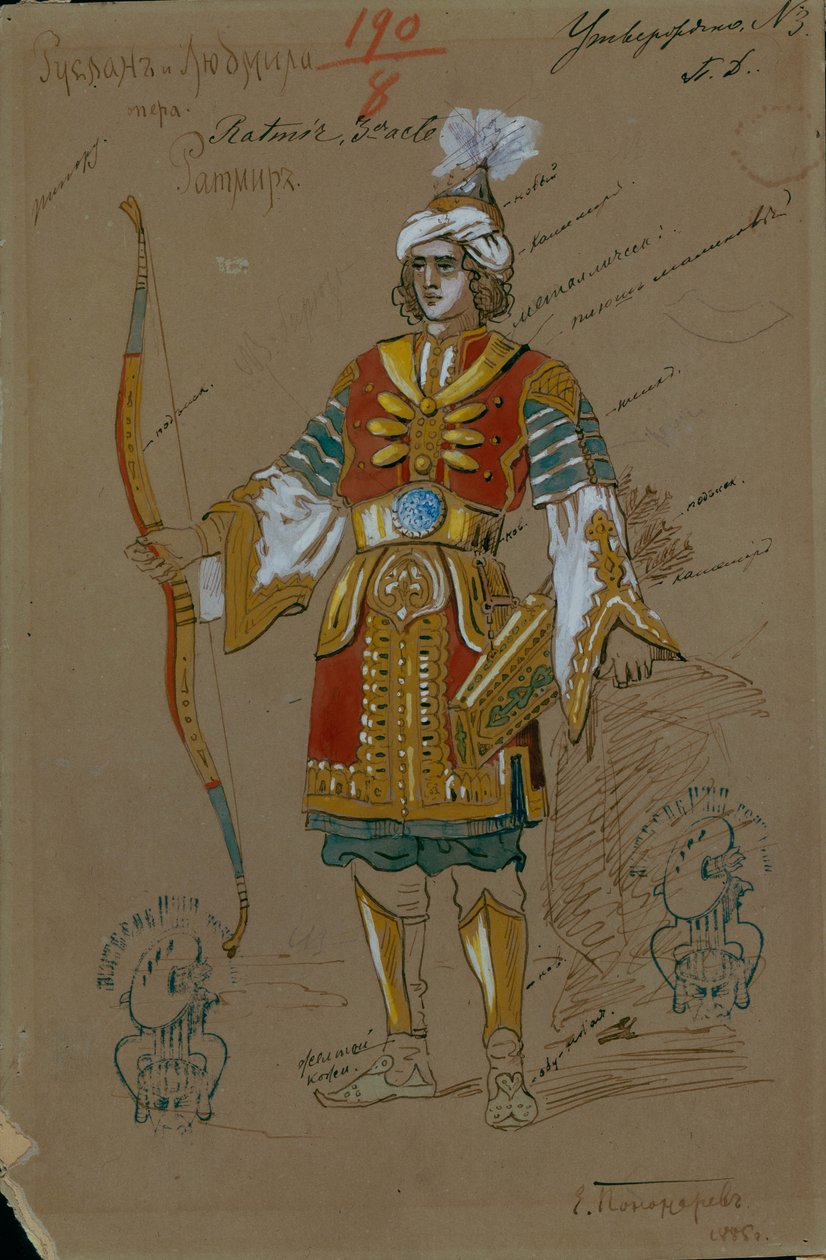 Kostýmní návrh opery Ruslan a Ludmila M. Glinky, 1885 od Evgeni Petrovich Ponomarev
