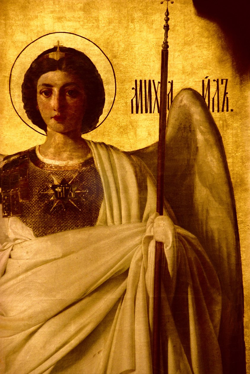 Detail ikonostasu s vyobrazením archanděla sv. Michaela, 1861 olej na panelu viz 248115, 248116 a 252660 od Evgraf Sorokine