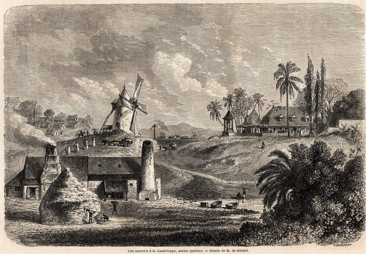 Cukrovar v Guadeloupe, kresba Auguste de Berard (1824-1881), pro ilustraci plaveb do Západní Indie v letech 1858-1859 od Anthonyho Trollope (1815-1882). Rytina v „“ Le tour du monde, nouveau journal des voyages““ Paříž od Evremond de (after) Berard