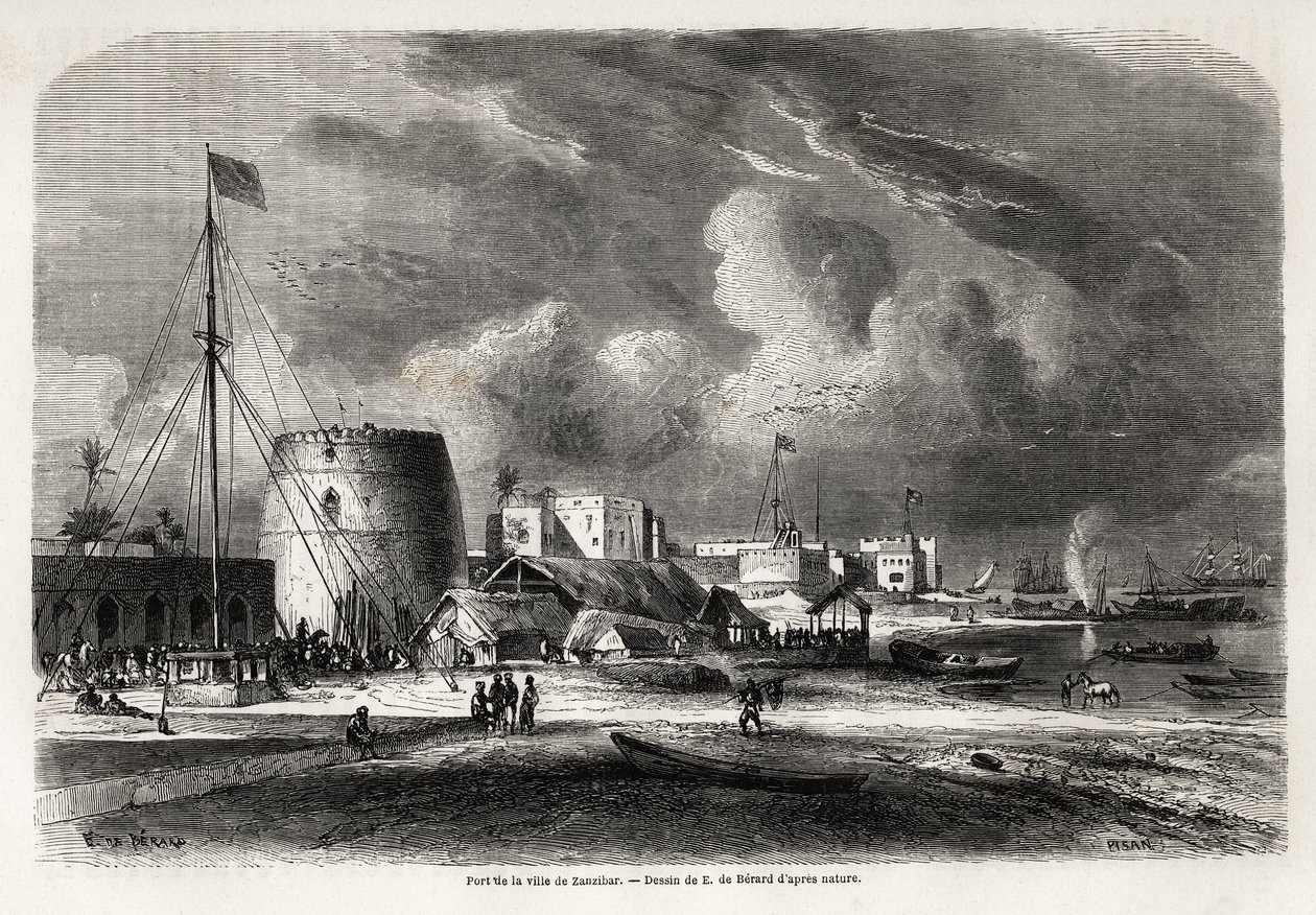 Přístav města Zanzibar (dnešní Tanzanie), kresba Evremonda de Berarda (1824-1881), ilustrující cestu kapitána Burtona k Velkým jezerům ve východní Africe v letech 1857-1859. Rytina v „“ Le tour du monde, nouveau journal des voyages““ Paříž od Evremond de (after) Berard