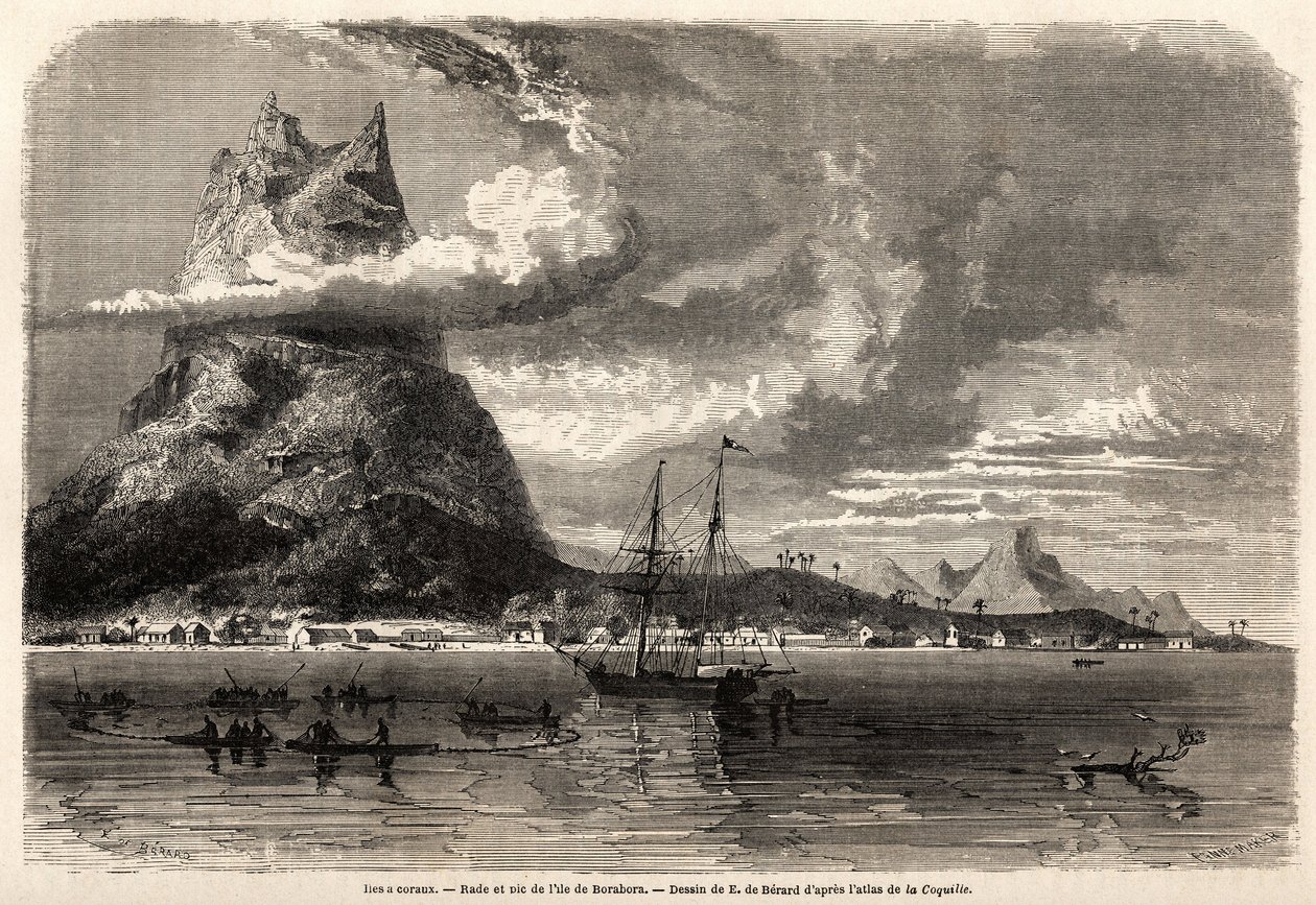 Rade a vrchol ostrova Borabora, kresba Evremonda Auguste de Berarda (1824-1881), pro ilustraci cesty přírodovědce v souostroví Galapágy a korálových ostrovech, v roce 1858 Charles Darwin (1809-1882). Rytina „“ Le tour du mond od Evremond de (after) Berard