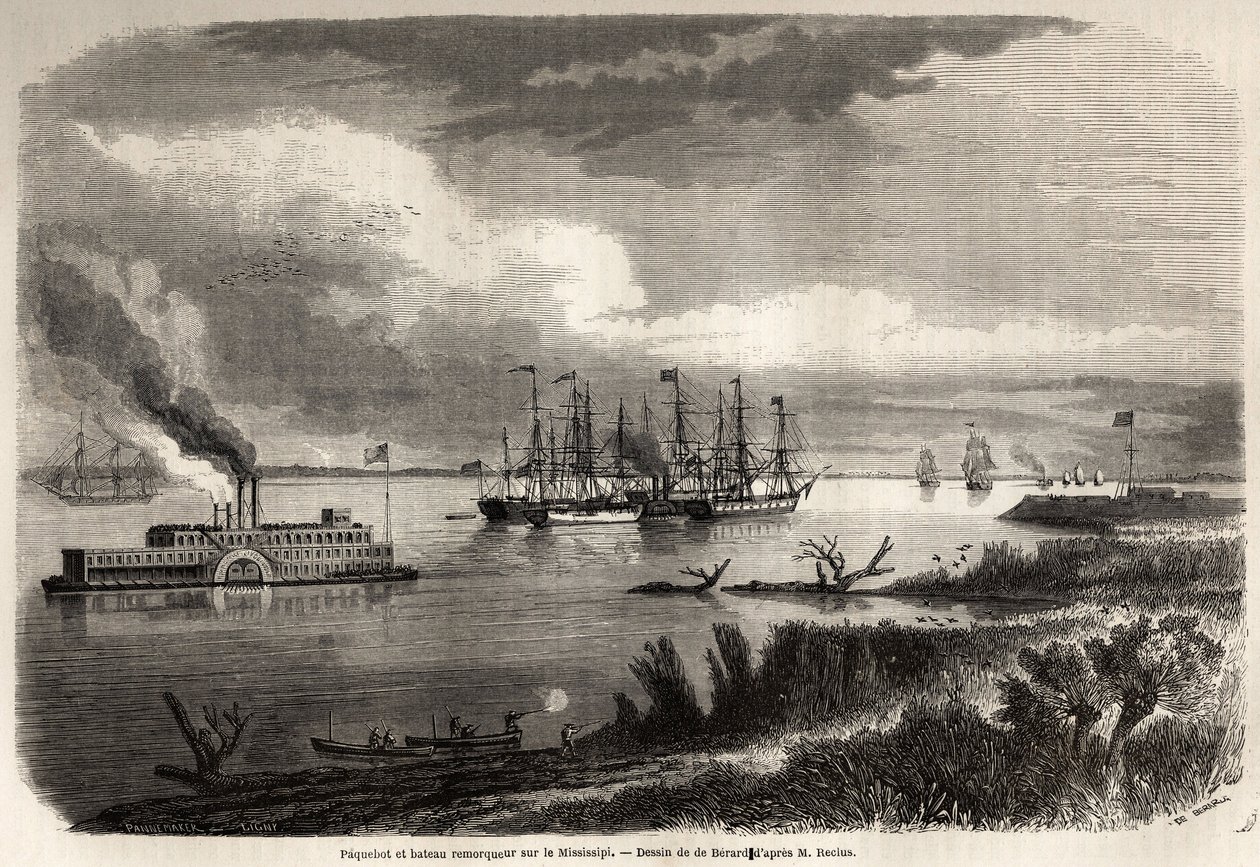 Loď a vlečný člun na Mississippi, kresba Evremond Auguste de Berard (1824-1881), pro ilustraci cesty do New Orleans v roce 1855 od Elysee (Elisee) Reclus (1830-1905). Rytina v „“ Le tour du monde, nouveau journal des voyages““ Paříž od Evremond de (after) Berard