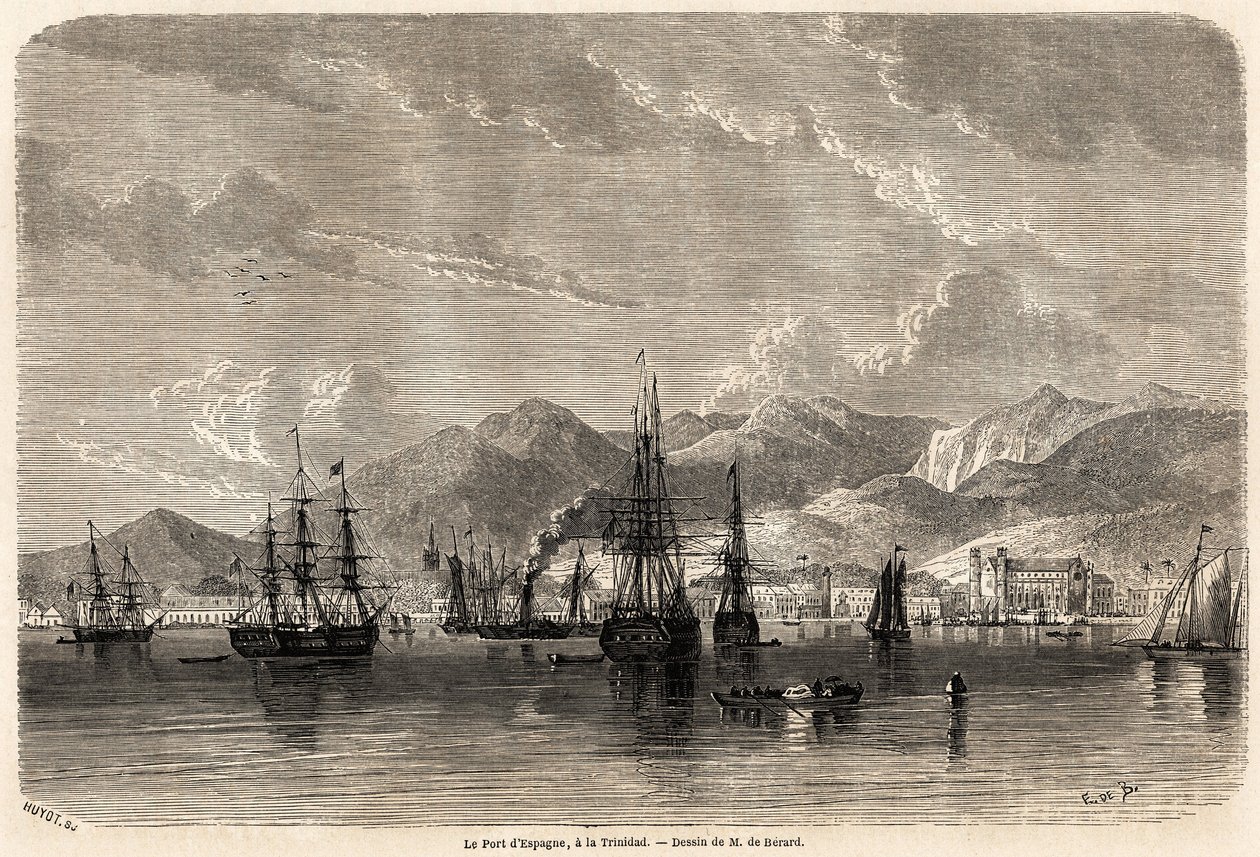 Španělský přístav v Trinidadu (Trinidad a Tobago), kresba Evremond Auguste de Berard (1824-1881), pro ilustraci plaveb do Západní Indie v letech 1858-1859 od Anthonyho Trollope (1815-1882). Rytina v „“ Le tour du monde, nouveau journal des voya od Evremond de (after) Berard