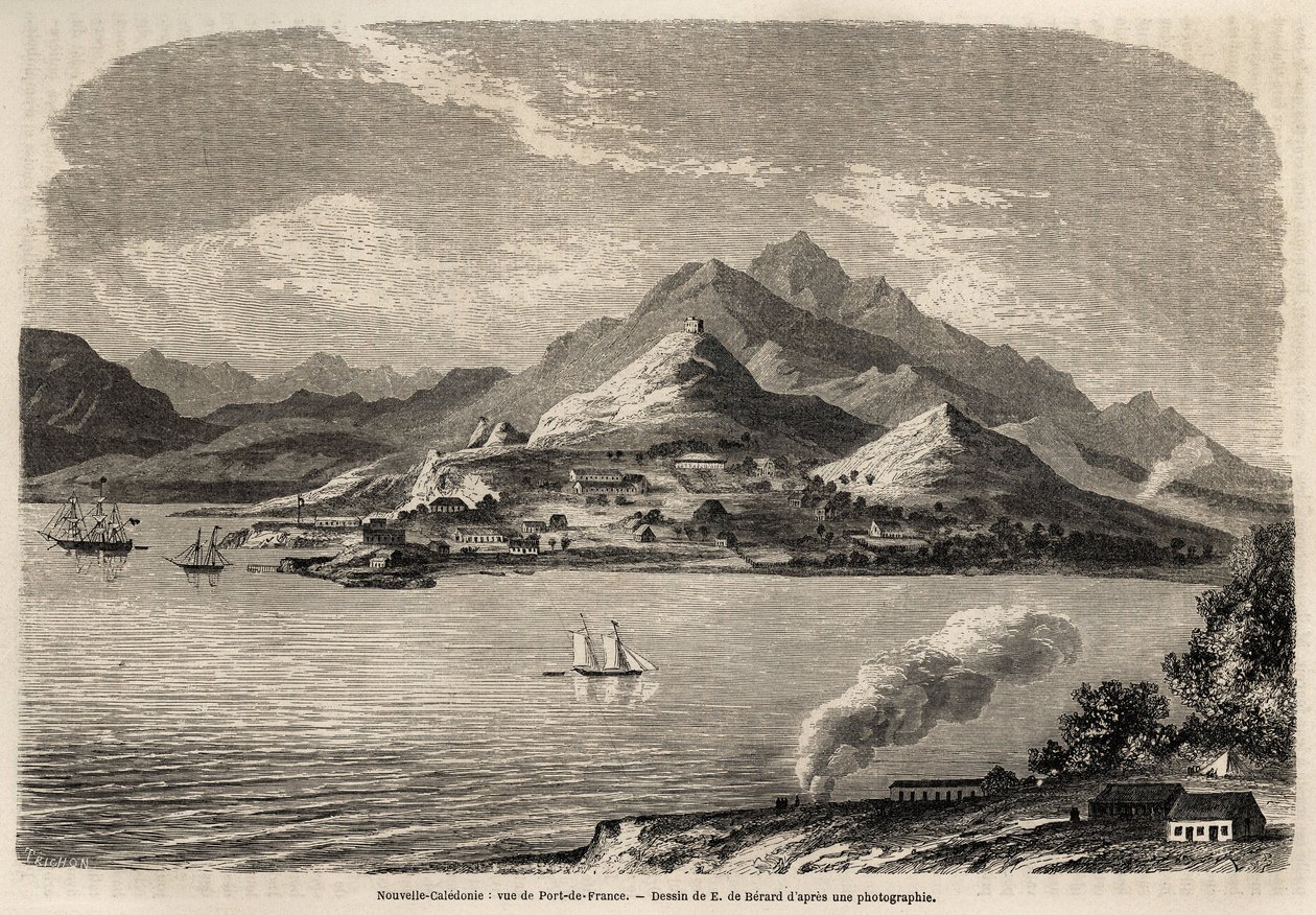 Pohled na Port of France, Nová Kaledonie, kresba Evremonta de Berarda (1824-1881), k ilustraci cesty Victora de Rochase do Nové Kaledonie v roce 1859. Rytina v „“Le tour du monde““ 1861. Selva sbírka. od Evremond de (after) Berard