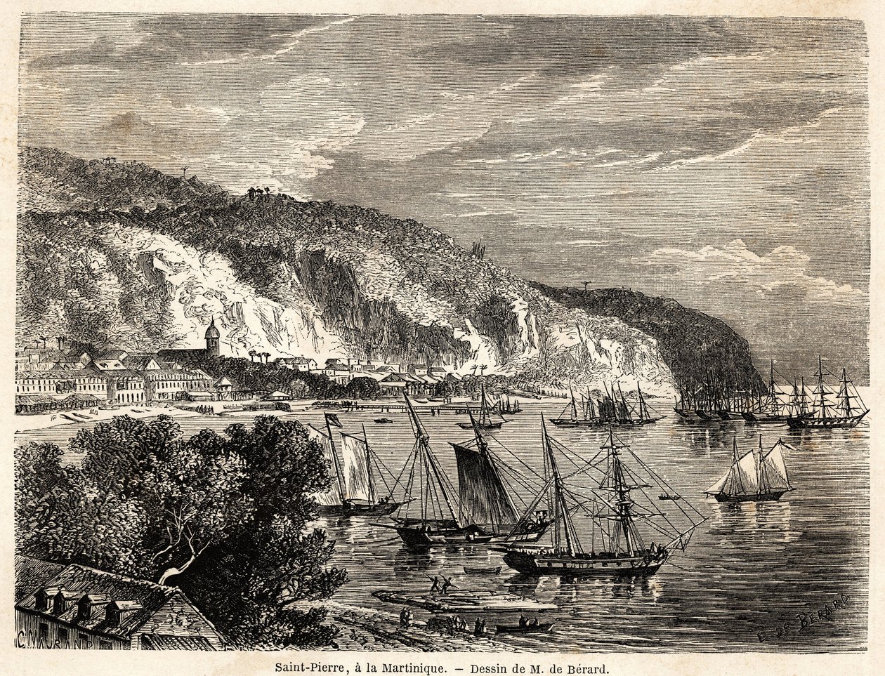 Pohled na Saint Pierre na Martiniku, kresba Augusta de Berarda (1824-1881), pro ilustraci plaveb do Západní Indie v letech 1858-1859 od Anthonyho Trollope (1815-1882). Rytina do „“Celého světa, nový cestovní deník““ Paříž od Evremond de (after) Berard