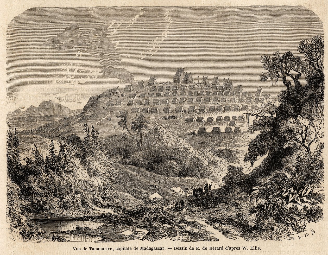 Pohled na Tananarive, hlavní město Madagaskaru, kresba Evremonda de Berarda (1824-1881), k ilustraci cesty Idy Pfeifferové na Madagaskar v roce 1857. Rytina v „”Le tour du monde”” 1861. Selva sbírka. od Evremond de (after) Berard