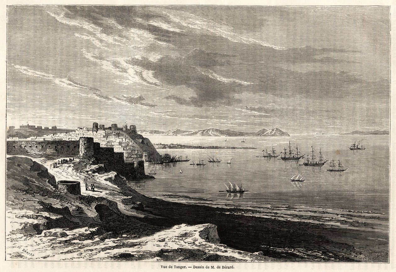 Pohled na Tanger (Maroko), kresba Evremonda de Berarda (1824-1881), pro ilustraci cestopisných poznámek M. F. Schicklera do Maroka. Rytina v „“ Le tour du monde, nouveau journal des voyages““ Paříž od Evremond de (after) Berard
