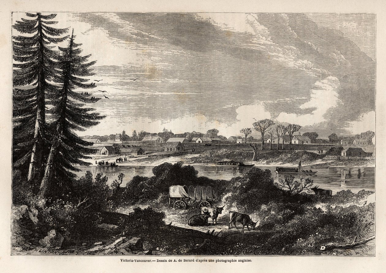 Pohled na Victoria-Vancouver, hlavní město Britské Kolumbie, kresba Augusta de Berarda (1824-81), pro ilustraci průzkumu Skalistých hor v letech 1857-59 kapitánem Johnem Palliserem. Rytina v „“ Le tour du monde, nouveau journal des voyages““ Paříž od Evremond de (after) Berard