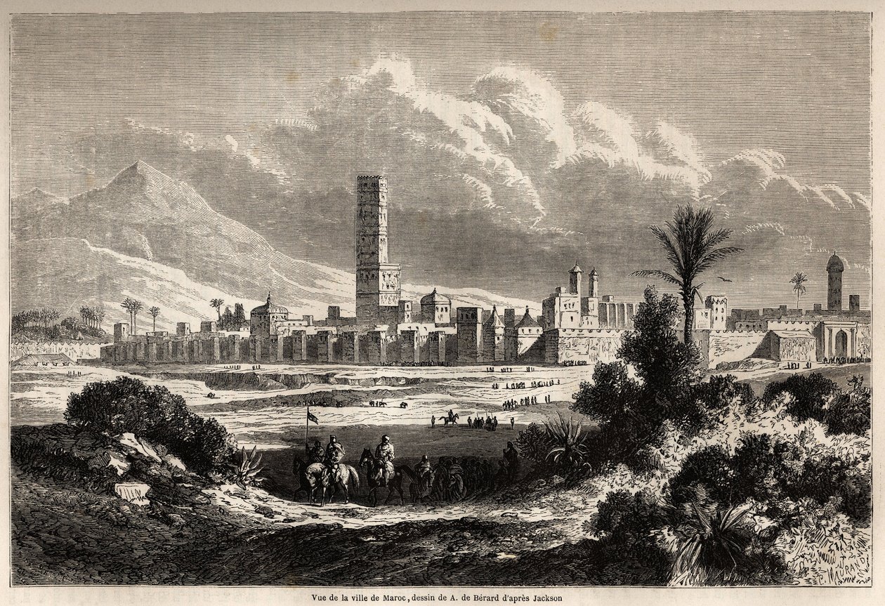 Pohled na město Marrakech (dříve Maroko), kresba Auguste de Berard (1824-1881), pro ilustraci Mr.F. Schicklerova cesta do Maroka v roce 1860. Rytina v „“ Le tour du monde, nouveau journal des voyages““ Paříž od Evremond de (after) Berard
