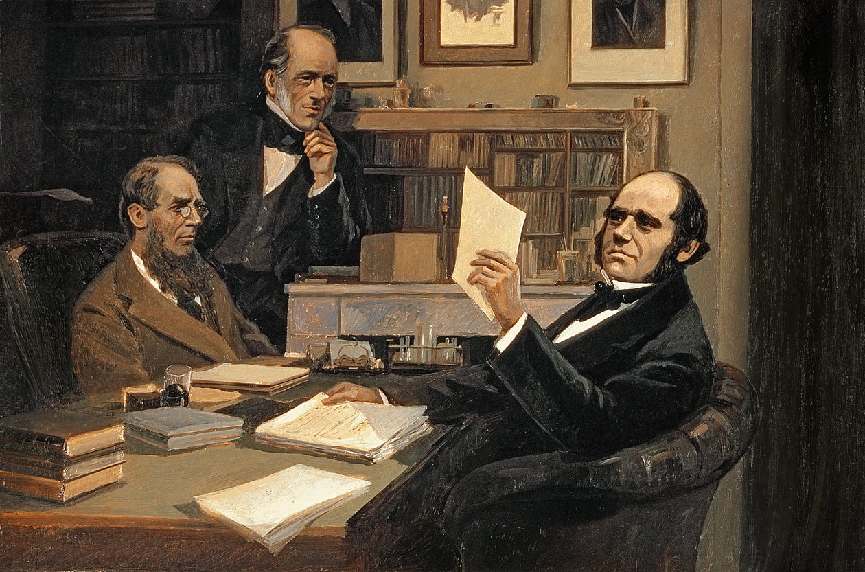 Joseph Hooker (1817-1911), Charles Lyell (1797-1875) a Charles Robert Darwin (1809-82) od Evstafieff