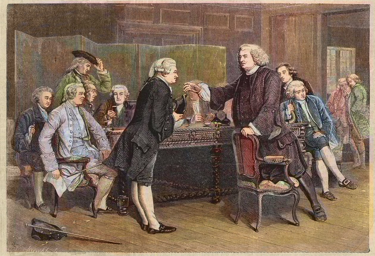 Boswellův úvod do literárního klubu - Doktor Johnson přijímá Boswella v knihovně - rytina podle obrazu Eyre Crowea od Eyre (after) Crowe