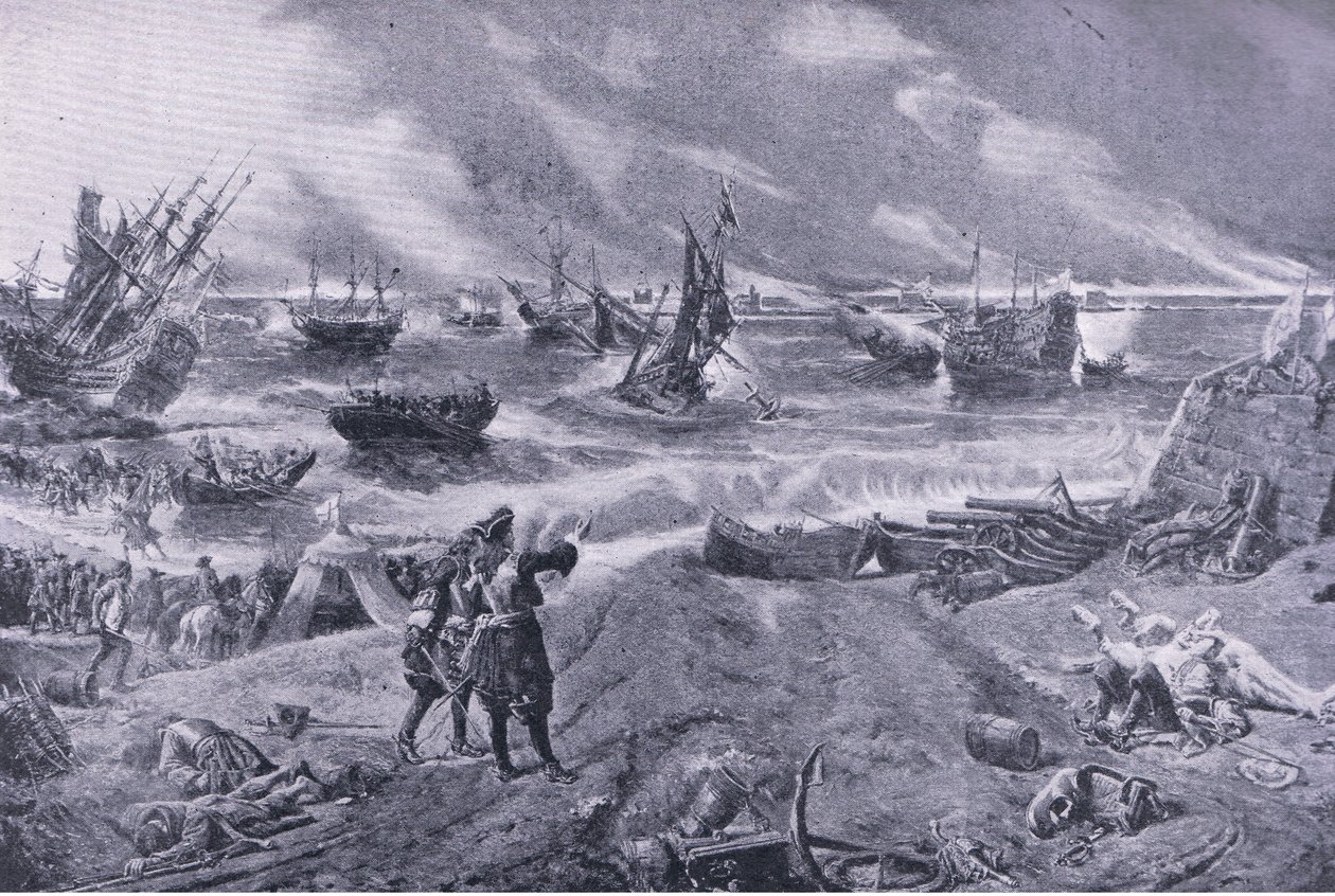 Jakub II. v bitvě u La Hogue, 23. května 1692, ilustrace z britských bitev na souši a na moři, 1915 od Eyre Crowe
