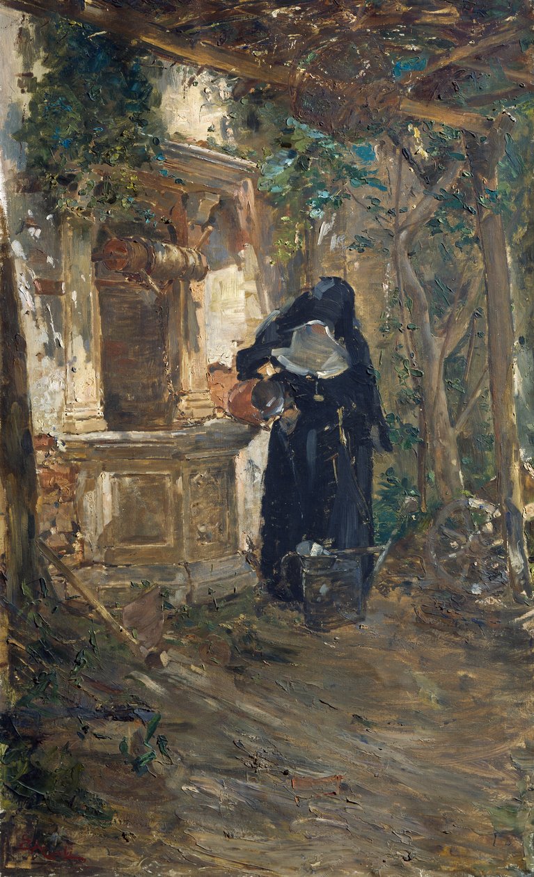 Nun at well, tekijä Ezechiele Acerbi (1850-1920), öljy kankaalle, 92,5x57,5 cm od Ezechiele Acerbi