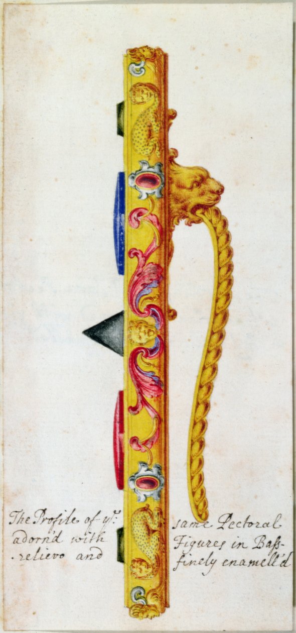 Boční pohled na hrudní ozdobu ze zlata a drahokamů vyrobených Cellinim pro papeže Klementa VII. v letech 1523-34 (detail z roku 18061) od F. Bertoli