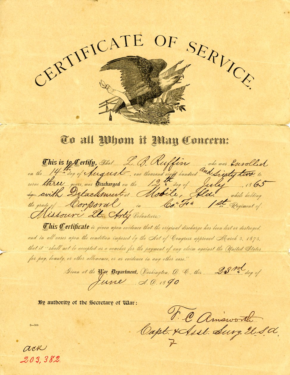 Uvádí, že Ruffin byl propuštěn s odloučením 12. července 1865, ze společnosti F 1. Missouri Light Artillery, přičemž měl hodnost desátníka od F. C. Amsworth
