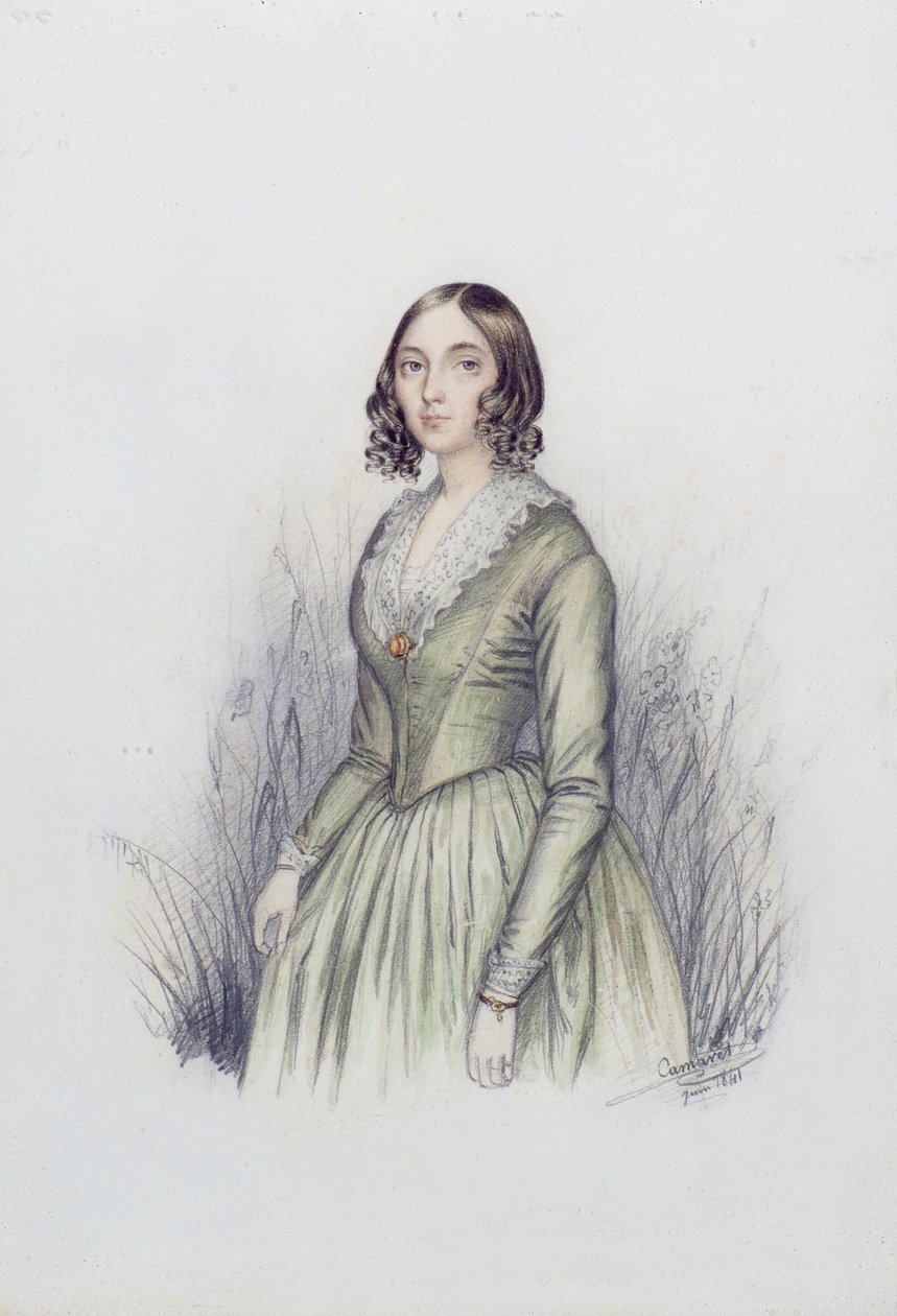 Portrét mladé dámy v zelených šatech, 1841 (wc a tužka na papíře) od F. Camaret