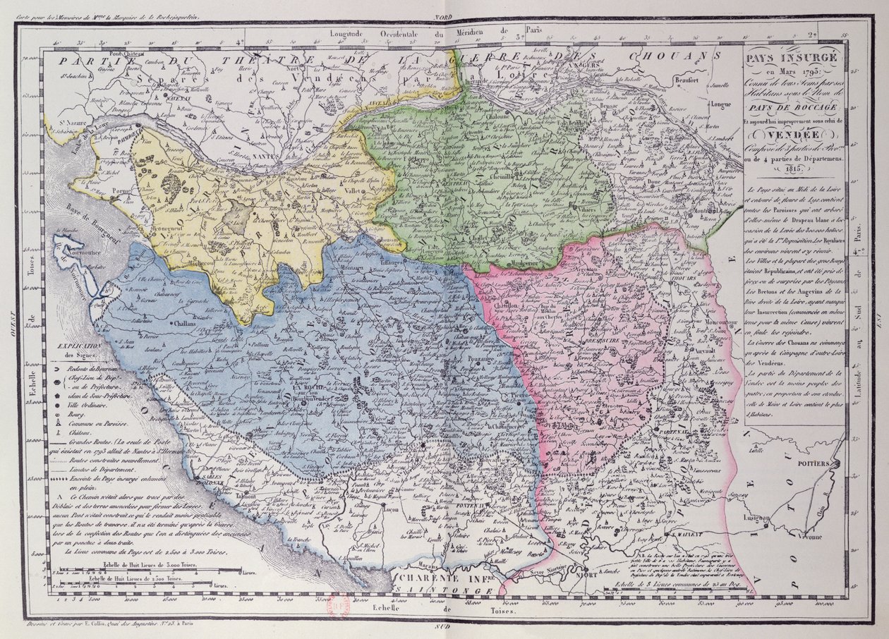 Mapa Vendeé s vyznačením oblasti vendského povstání (1793-96) v březnu 1793, asi 1815 (barevná rytina) od F. Colliu