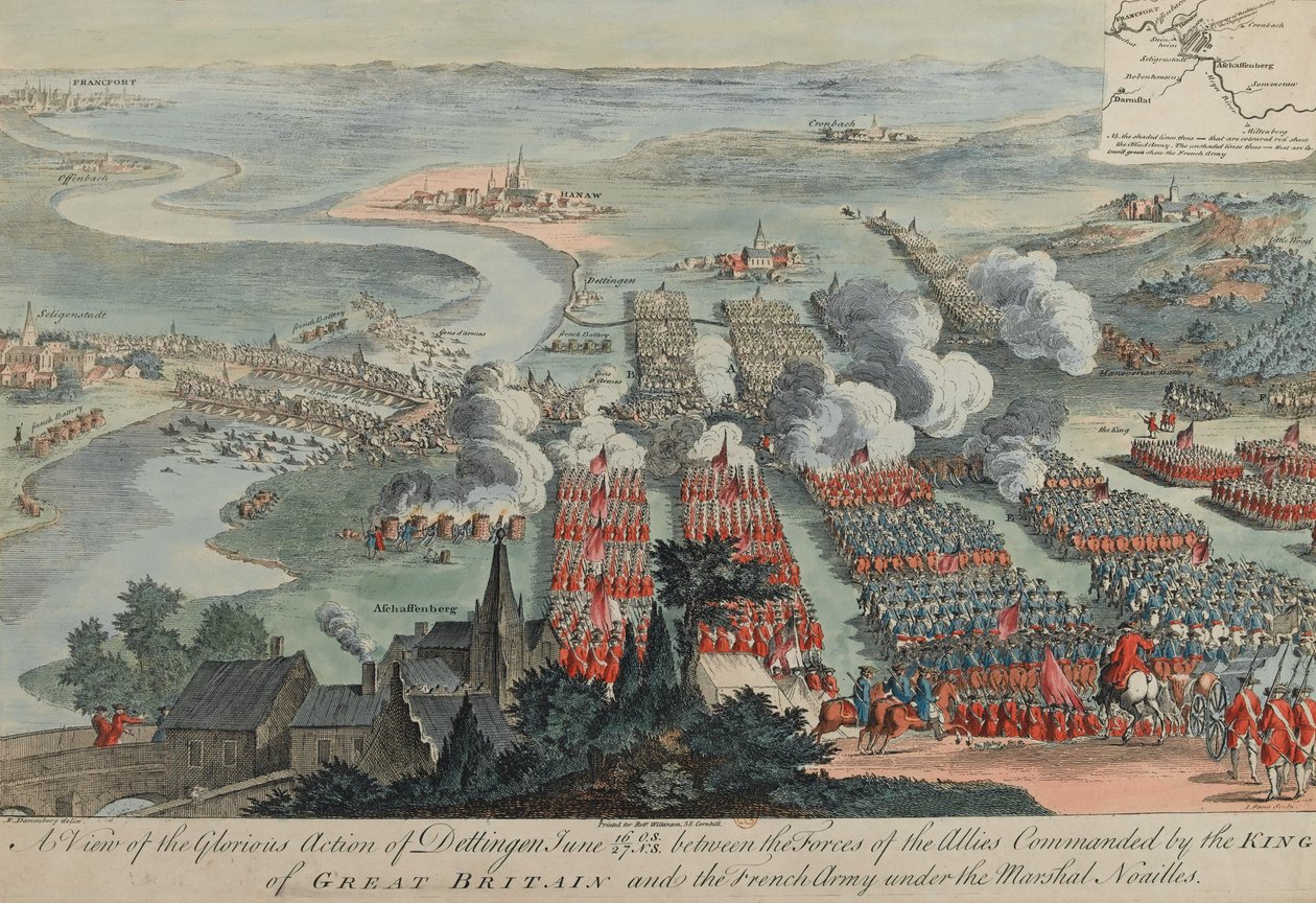 Pohled na slavnou akci z Dettingenu, 16.-27. června 1743, vyryl I. Pano, vydal Robert Wilkinson, Londýn, 1743 od F. Daremberg