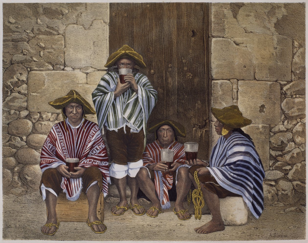Skupina Indiánů, ilustrace z „Geografia del Peru“ od Mariana, Felipe Paz Soldan (1821-86), deska XXXV, 1863 od F. Delamare