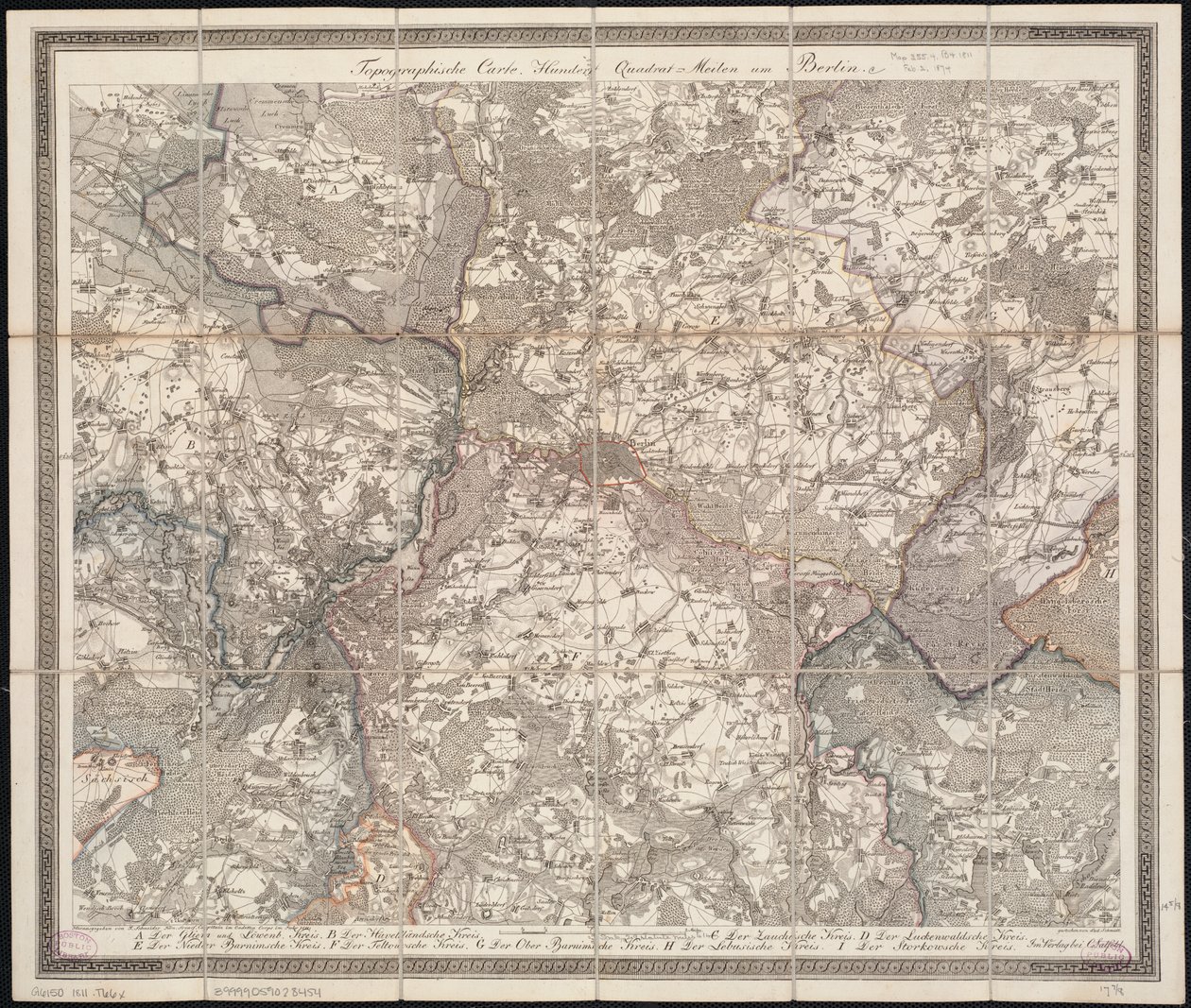 Topografická mapa Sto čtverečních mil kolem Berlína od F. Schneider
