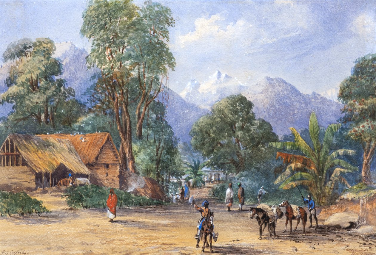 Vesnice v Himálaji (akvarel) od F.G. Coleridge