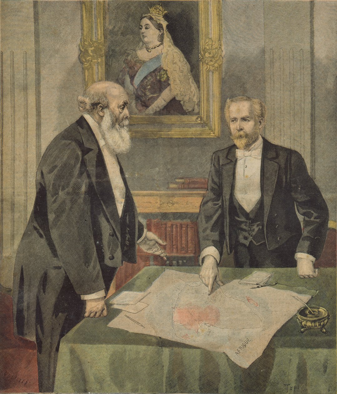 Anglo-francouzská úmluva podepsaná v Londýně Paulem Cambonem (1843-1924), francouzským velvyslancem, a lordem Salisburym (1830-1904), britským premiérem, z Le Petit Journal, 9. dubna 1899 (barevně en od F.L. and Tofani, Oswaldo Meaulle
