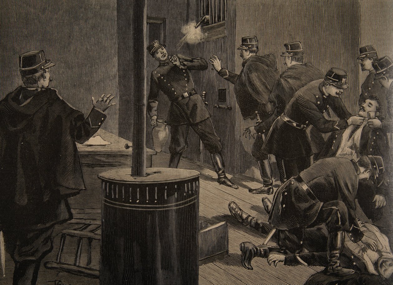 Etievant, anarchista střílí z mříže, ilustrace z 