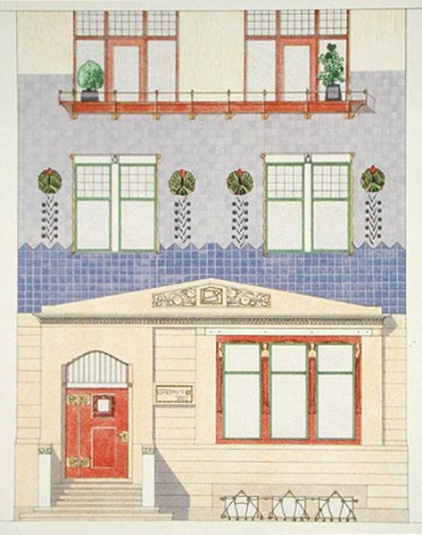 Návrh fasády německého městského domu, počátek 20. století, z knihy "Documents Architecture Moderne" (barevná litografie) od F.W. Jochem