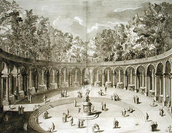 Kolonáda, Versailles, z „Les Plans, Profiles et Elevations des Ville et Chateau de Versailles“, ryl Gerard Jean-Baptiste Scotin (1671-1716), vydáno kolem roku 1715 (rytina) od F. (after) Delamonce