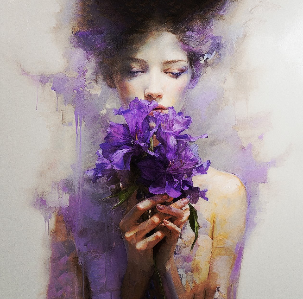Krásná žena nosí abstraktní fialové květy, Wall Art | Plátna Print od F. Abderrahim