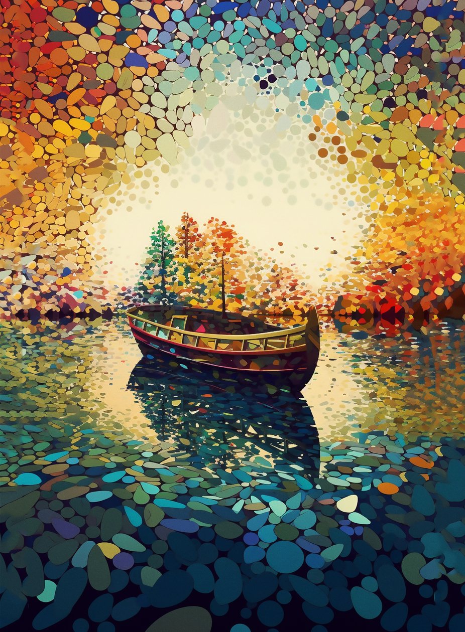 Loď na jezeře kaleidoskopické, kaleidoskop umění tisknutelné, zeď Art print od F. Abderrahim