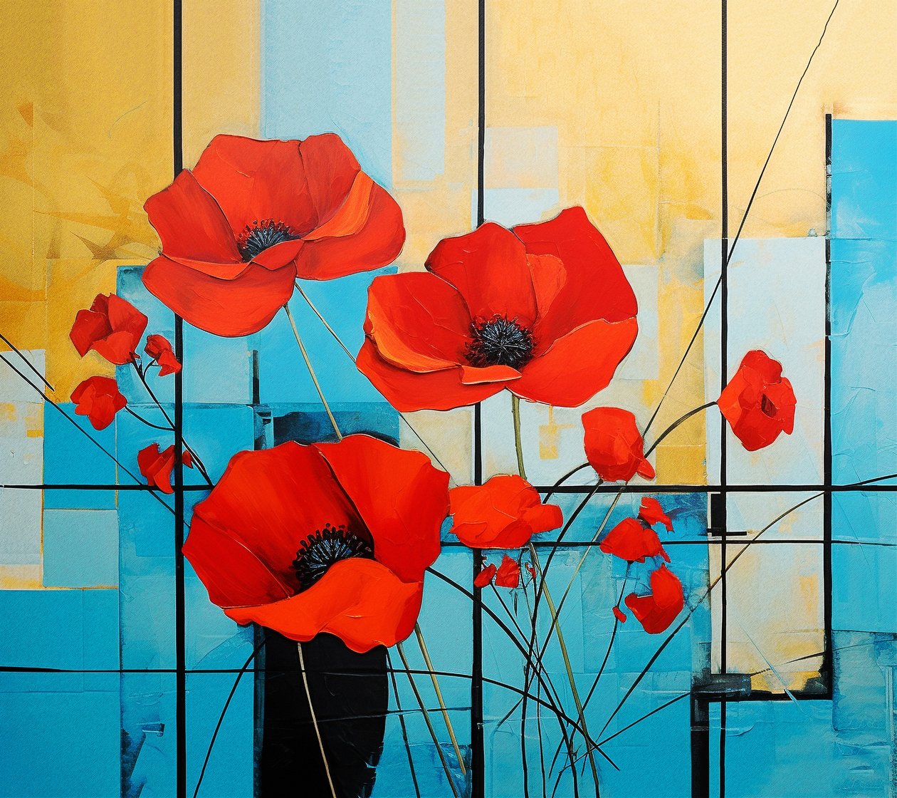 Abstraktní Mondrian, malba květů vlčích máků, nástěnné umění | Obrazy na plátně od F. Abderrahim