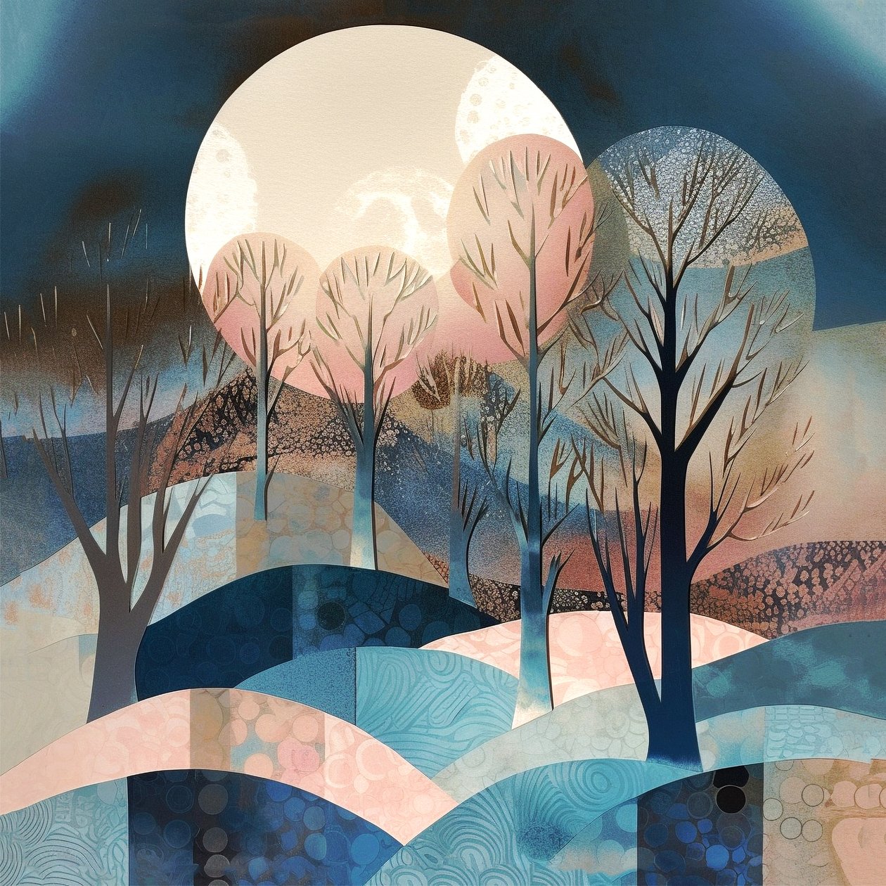 Abstraktní Moonglow Painting, velký měsíc, modrá růžová smetana, nástěnný tisk Art Print od F. Abderrahim
