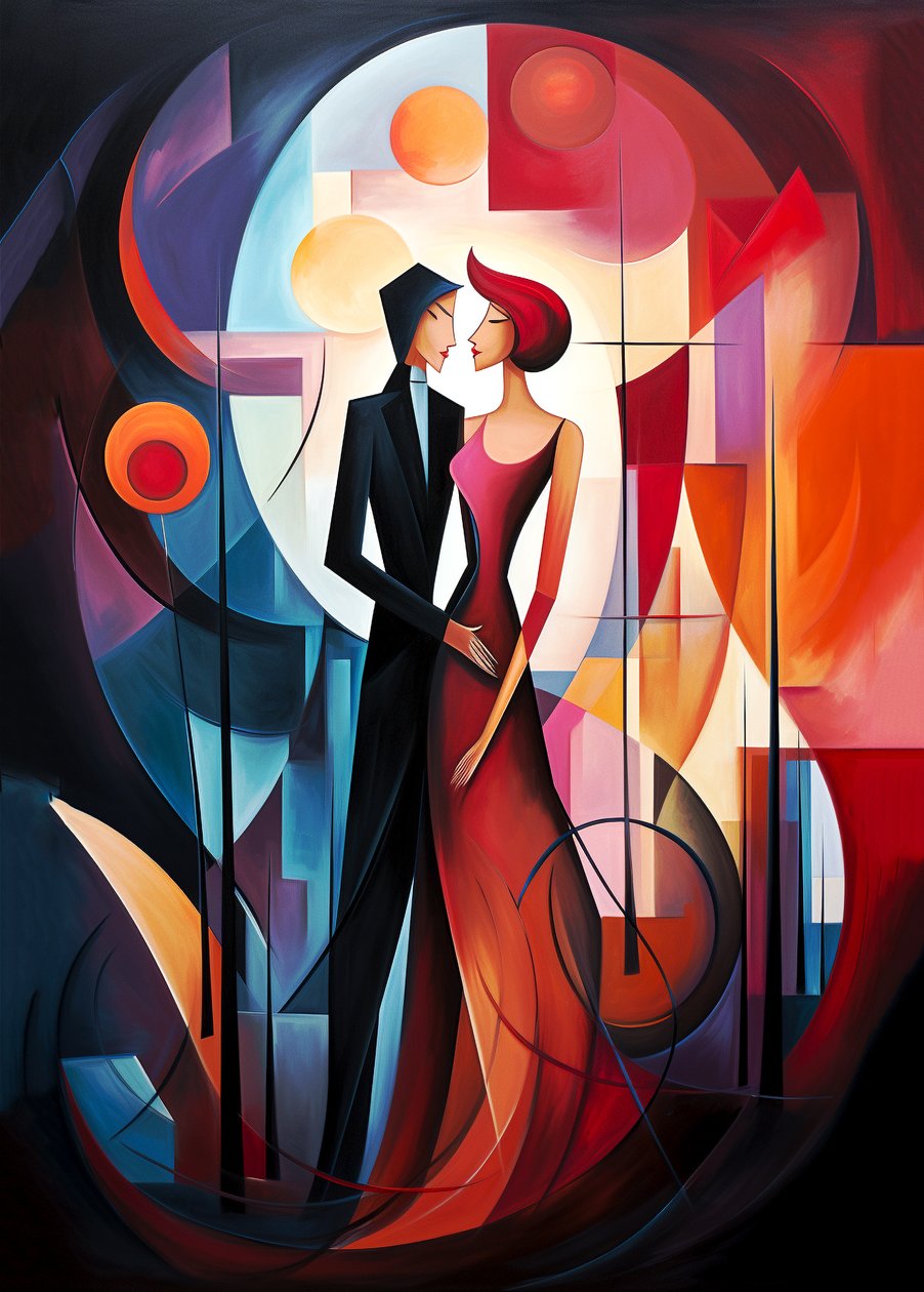Abstraktní olejomalba zamilovaného páru, zářivé barvy, Wall Art | Plátno Print od F. Abderrahim
