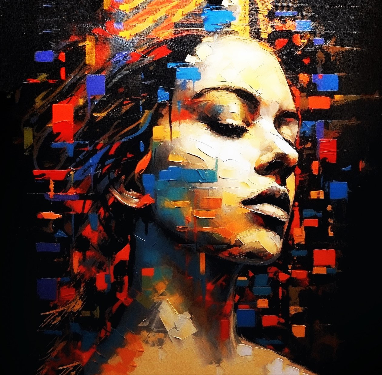 Abstraktní malba ženský portrét profil černé pozadí, Wall Art | Plátno Print od F. Abderrahim