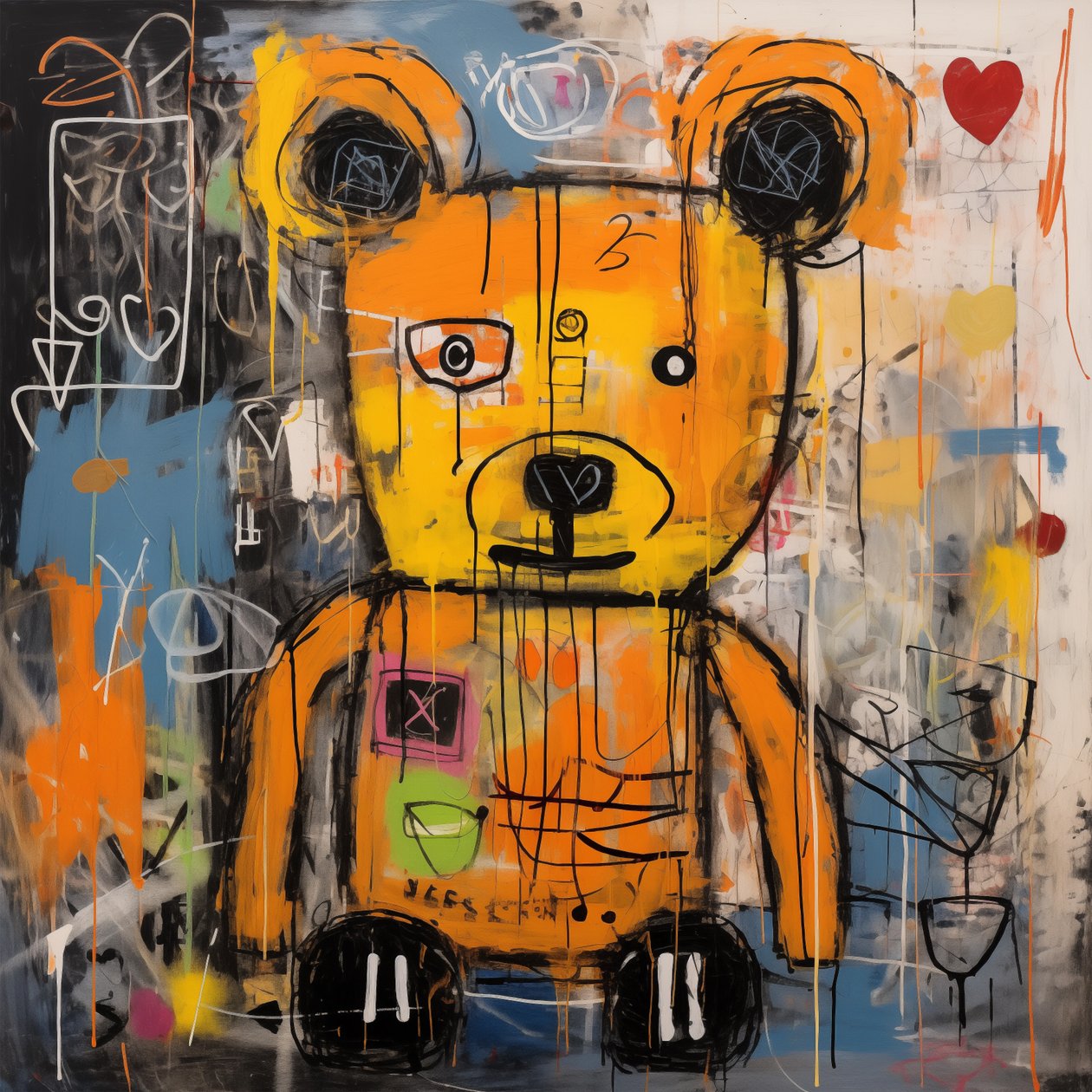 Dekor roztomilý medvěd abstraktní malba, Jean Michael Basquiat styl, umělecké výtisky od F. Abderrahim