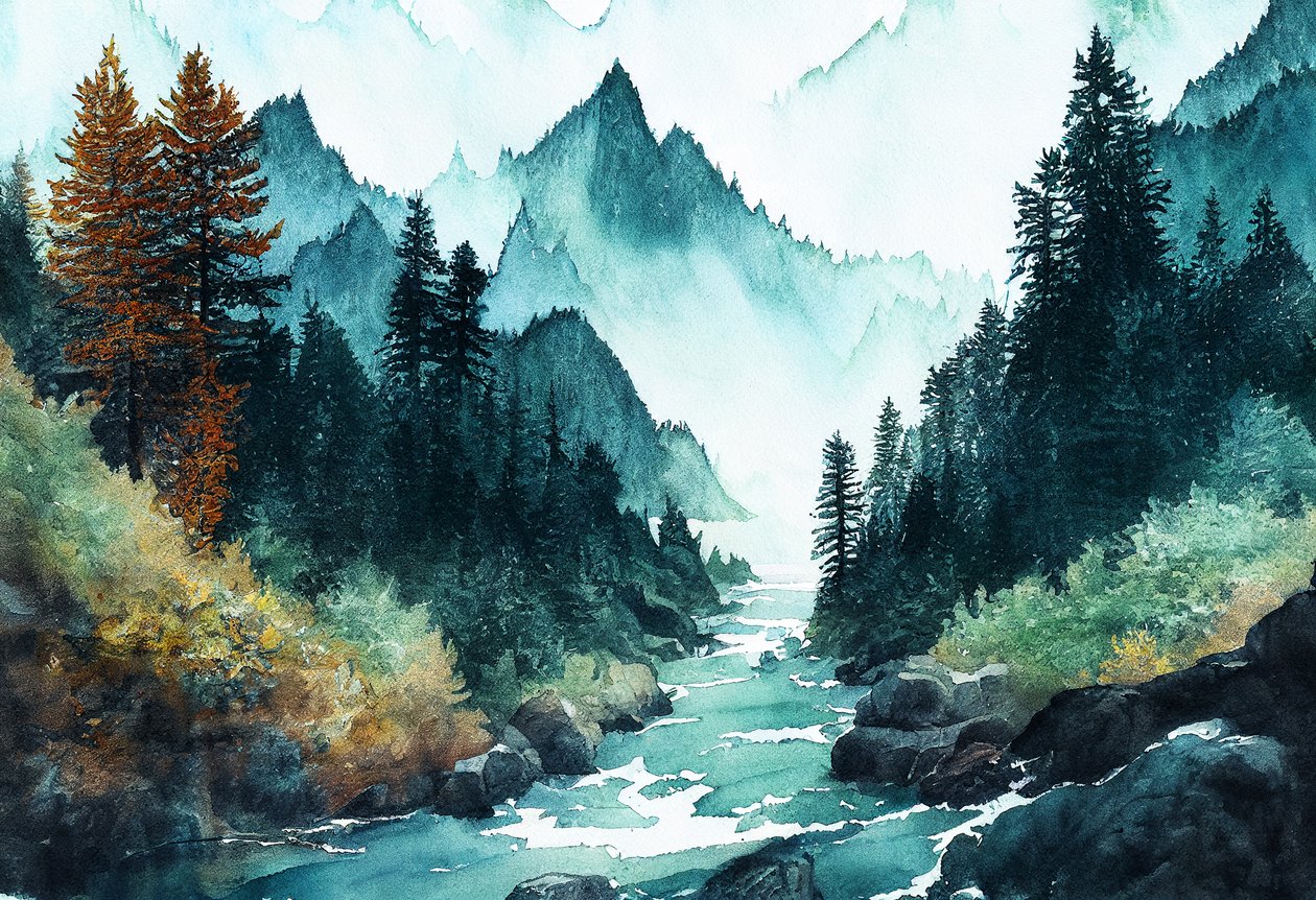 Fantasy oceánský alpský les s řekami a kopci, plátno umělecké výtisky od F. Abderrahim