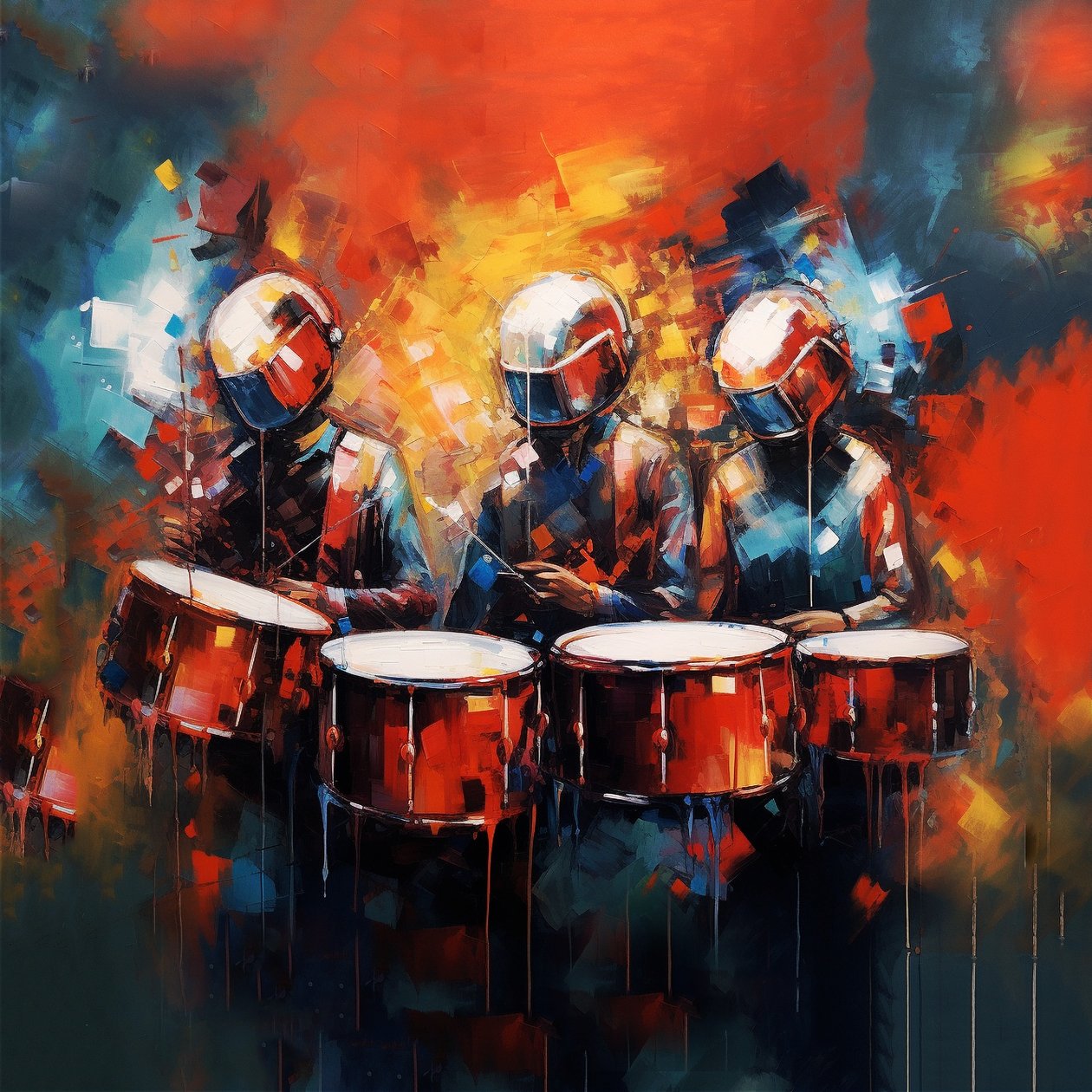 Skupina hudebníků bubeníků hrajících na bicí, rocková hudba, Printable digital Art od F. Abderrahim