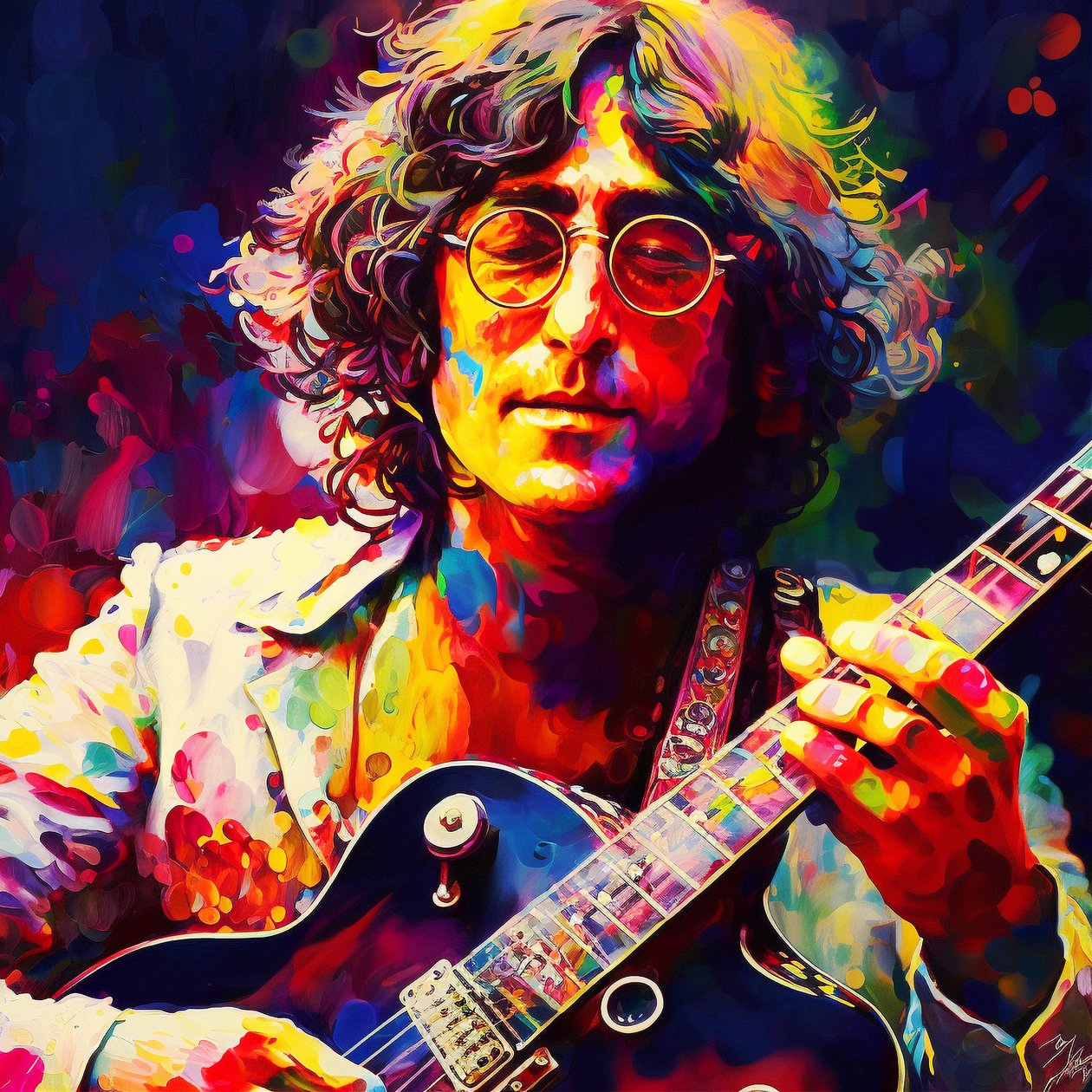 John Lennon portrét hudebníka hrajícího na kytaru, 70. léta hudební nástěnné umělecké výtisky od F. Abderrahim