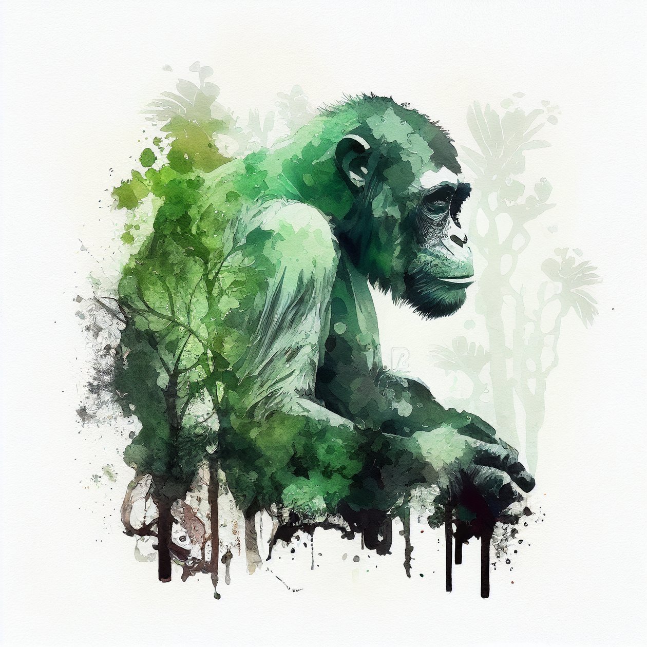Jungle Monkey, šimpanz, dvojitá expozice akvarel malba, umělecké výtisky od F. Abderrahim