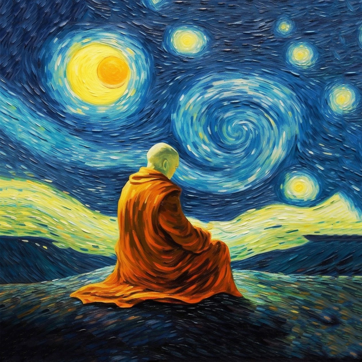 Muž v meditaci, Van gogh obrazy styl, jóga póza výtisky, Nástěnné umělecké výtisky od F. Abderrahim