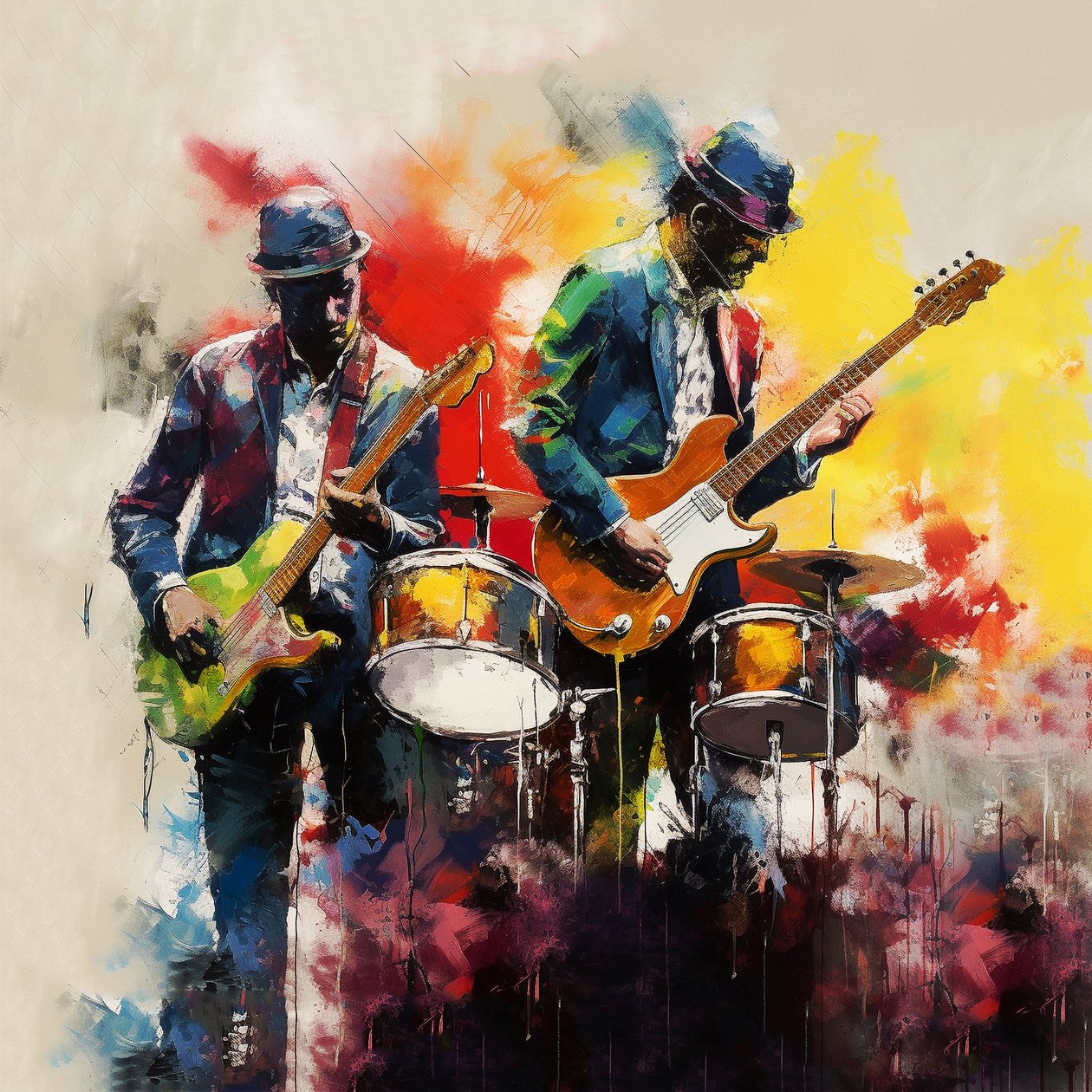 Rock  jazz hudebník kapela hraje na kytaru, štětec malování, nástěnné umělecké výtisky od F. Abderrahim