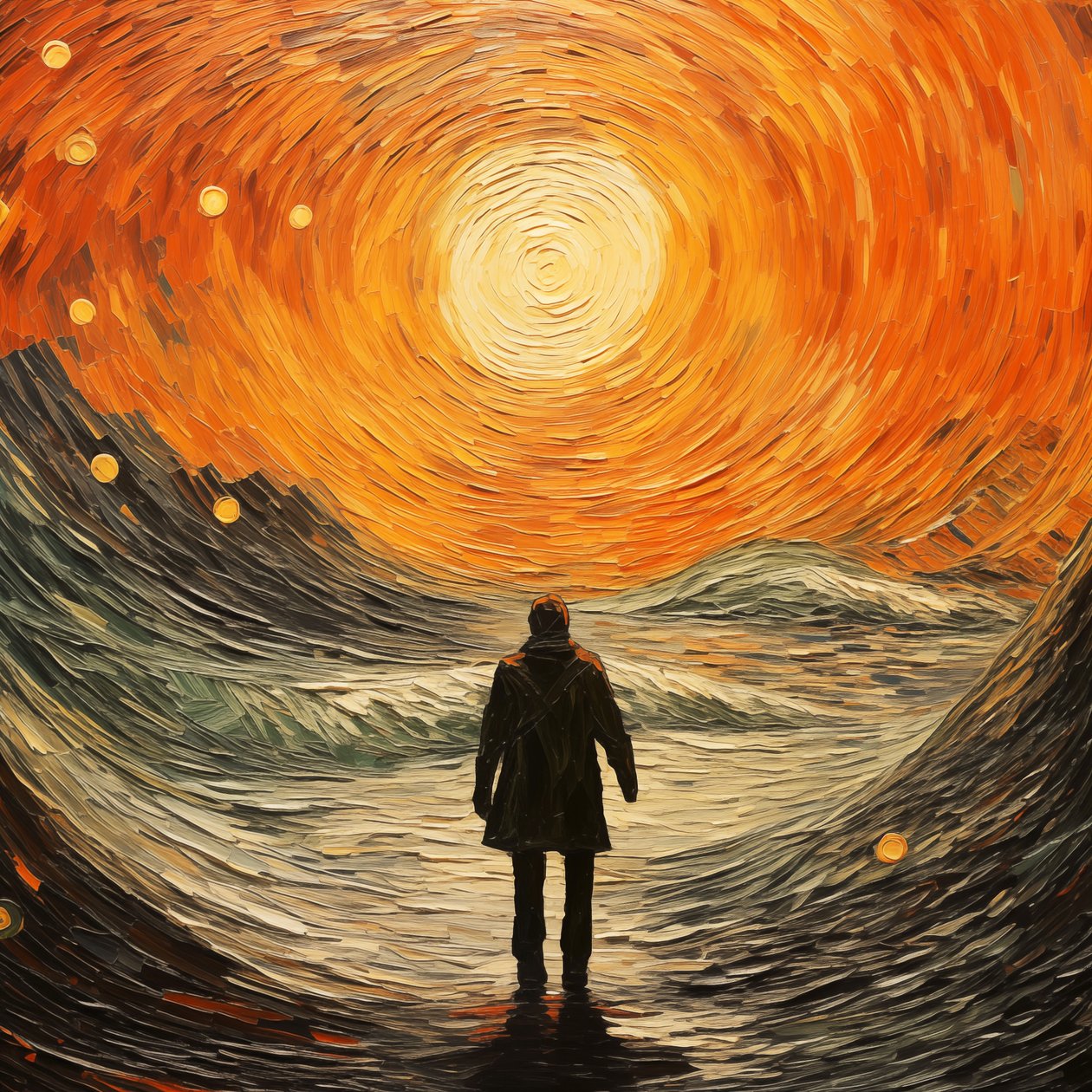 Surrealistická scéna, muž v mořských vlnách, impresionistický styl Vincenta van Gogha od F. Abderrahim