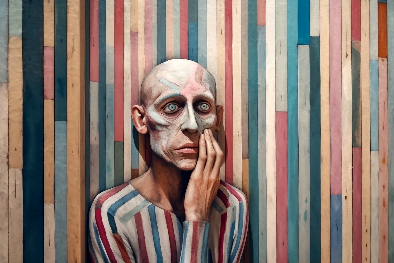 Surrealistický obraz smutného muže inspirovaný Giorgio de Chirico, umělecké výtisky od F. Abderrahim