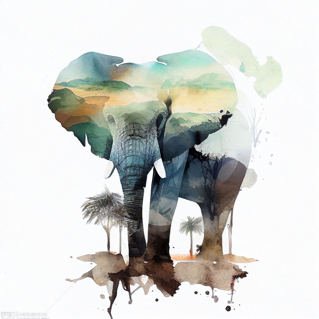 Akvarelli elefanttimaalaus, afrikkalainen savanna, neliömäinen seinä Taidevedoksia od F. Abderrahim