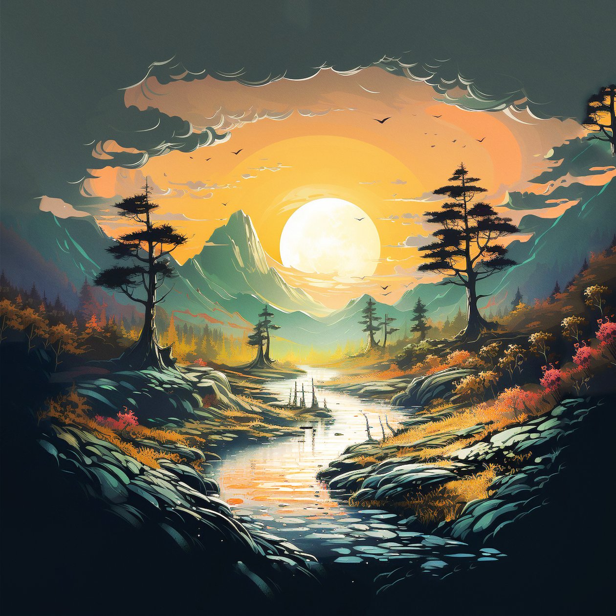 fantazie hory Západ slunce krajina příroda digitální kresba , Wall Art | Plátno Tisky od F. Abderrahim
