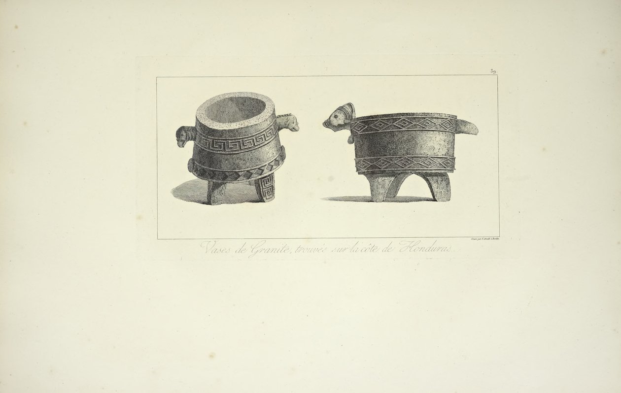 Vázy ze žuly, nalezené na pobřeží Hondurasu, ilustrace z "Vues des Cordillères et Monumens des Peuples Indigènes de l"Amérique" od Alexandra von Humboldta a Aime Bonpland, 1813 od F. Arnold