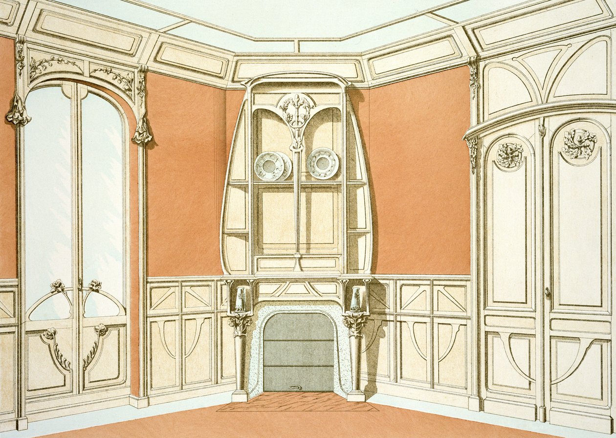 Návrh interiéru jídelny, ilustrace z Menuiserie dArt Nouveau vydané kolem roku 1900 od F. Barabas