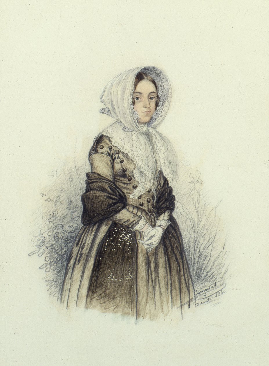 Portrét mladé dámy v čepici s bílými rukavicemi, 1840 (wc a tužka na papíře) od F. Camaret