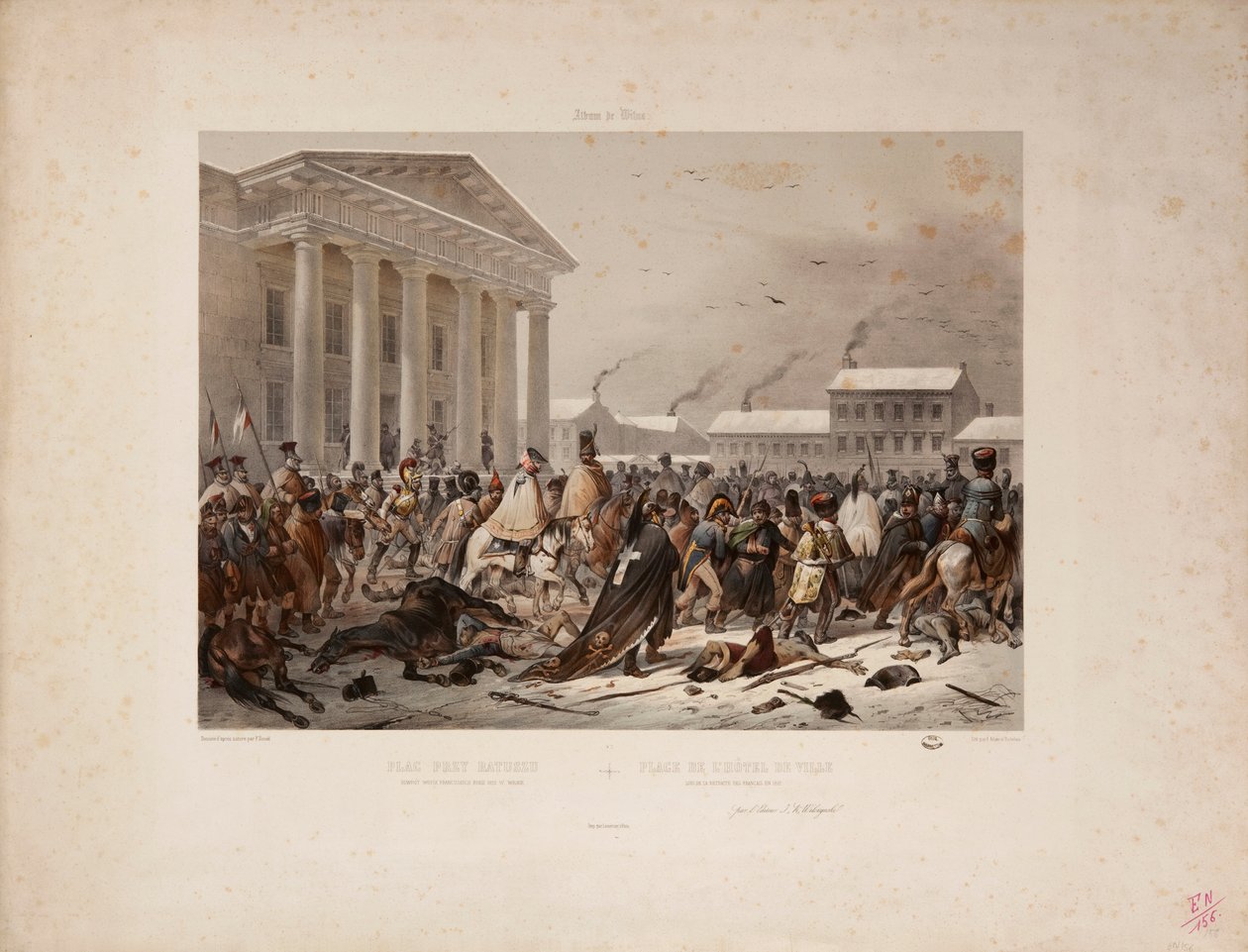 Ustupující francouzská armáda na radničním náměstí ve Vilně, vyryla Victor Adam (1801-66) a Louis Pierre Alphonse Bichebois (1801-50) 1812 od F. Daniel